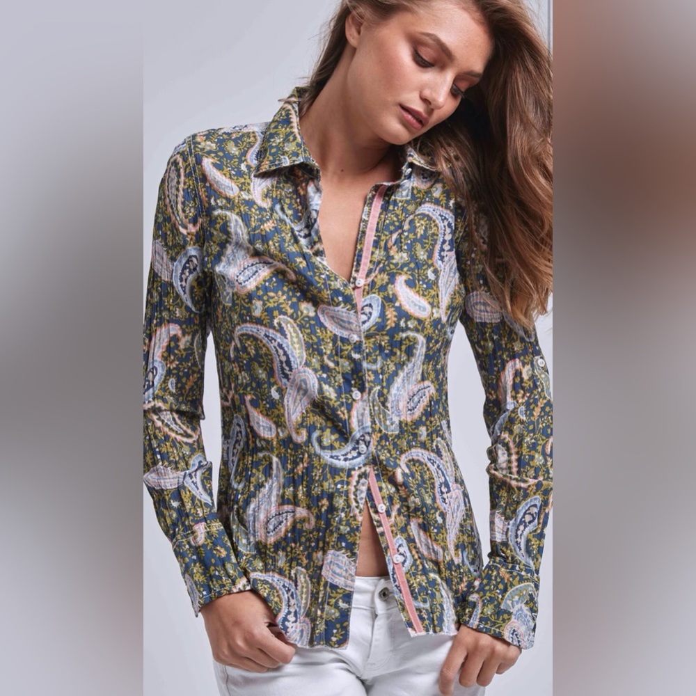 CINO Samoa 100% cotton print button down shirt with ribbon detail sz L paisley